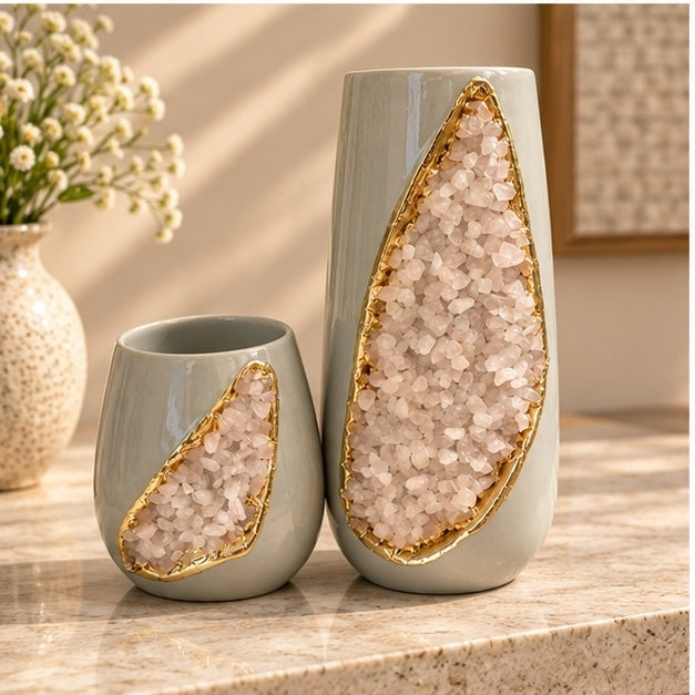 Grey Ceramic Teardrop Vase Set with Crystal Inlay