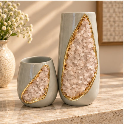 Grey Ceramic Teardrop Vase Set with Crystal Inlay