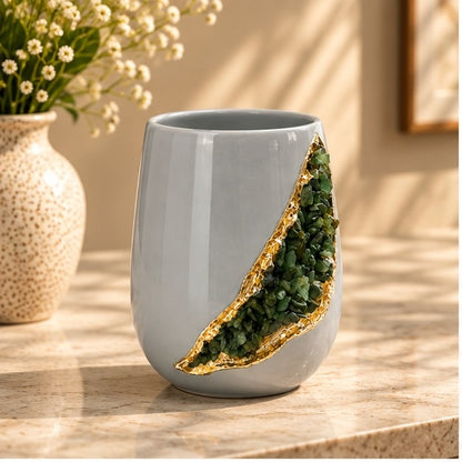 Grey Ceramic Short Teardrop Vase with Crystal Inlay