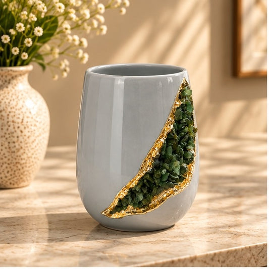 Grey Ceramic Short Teardrop Vase with Crystal Inlay