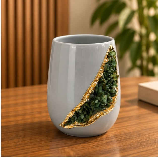 Grey Ceramic Short Teardrop Vase with Crystal Inlay