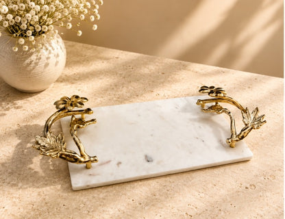 White Marble Tray – Large Floral Handles