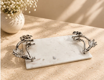White Marble Tray – Large Floral Handles