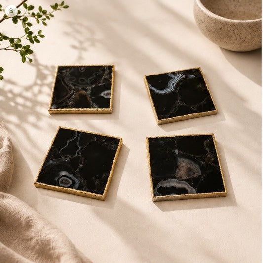 Black Agate Square Coasters – Set of 4