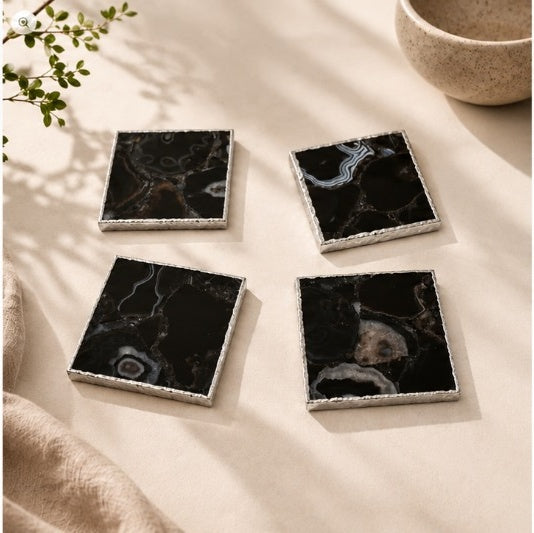 Black Agate Square Coasters – Set of 4