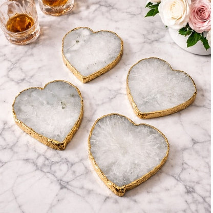 White-Grey Agate Heart Coasters – Set of 4