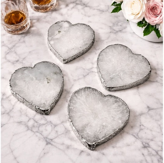 White-Grey Agate Heart Coasters – Set of 4