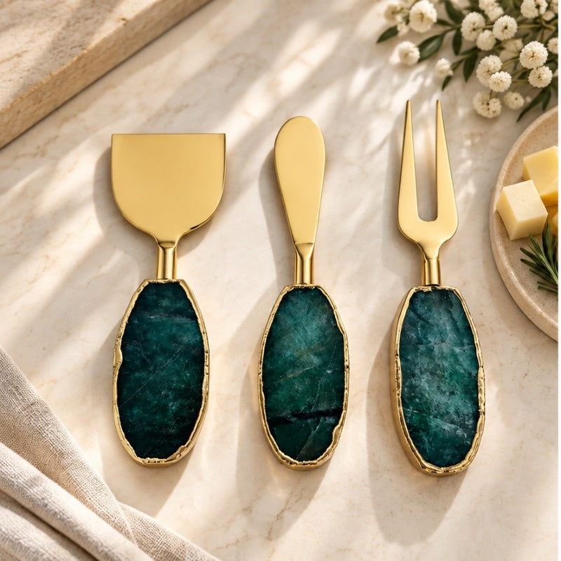 Green Agate Oval Cheese Knife Set