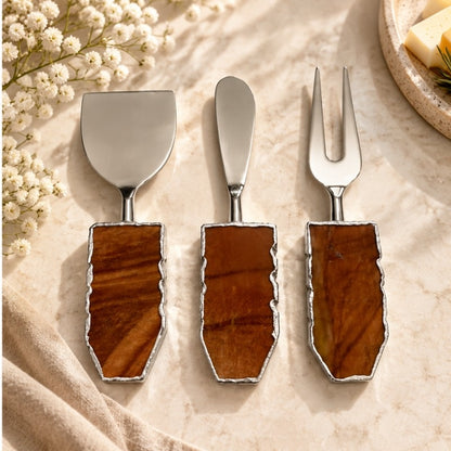 Rust Brown Agate Slab Cheese Knife Set