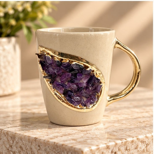 Crystal Gemstone Mug – Cream & Gold – 8 oz