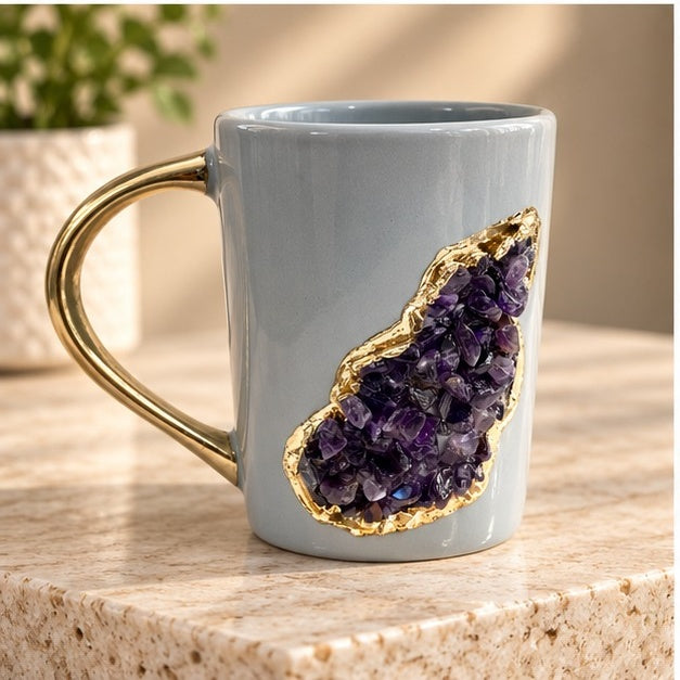 Crystal Classic Gemstone Mug – Grey & Gold – 12 oz