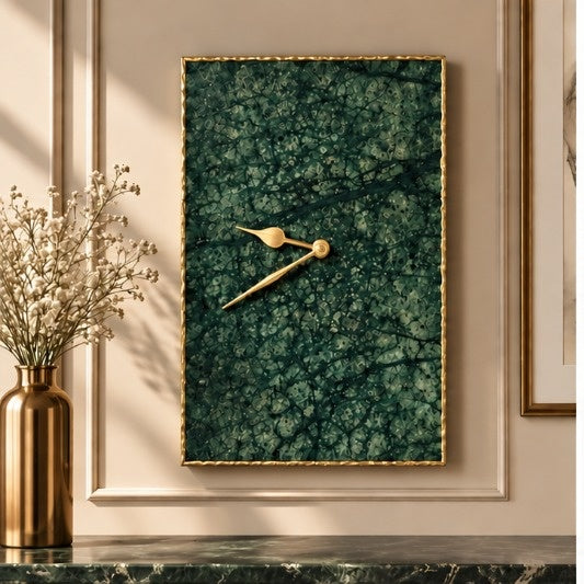 Large green marble rectangular wall clock with gold hands