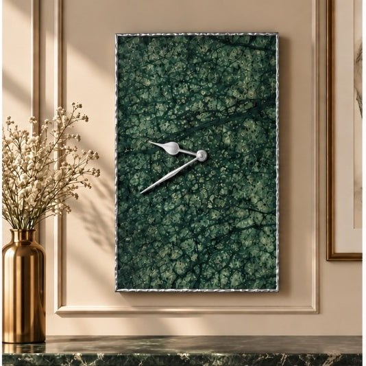 Large green marble rectangular wall clock with silver hands