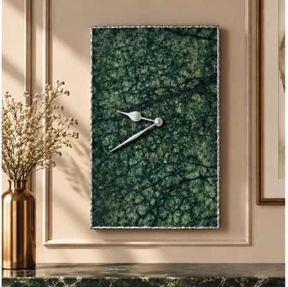Large green marble rectangular wall clock with silver hands
