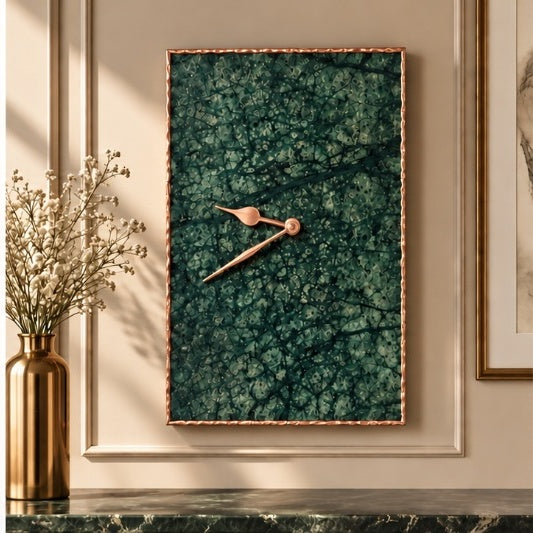 Large green marble rectangular wall clock with rose gold hands