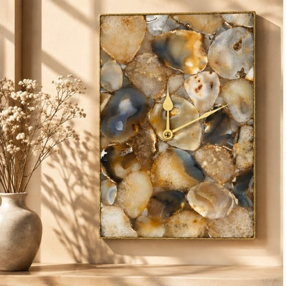 Large brown crystal agate rectangular wall clock in the gold finish