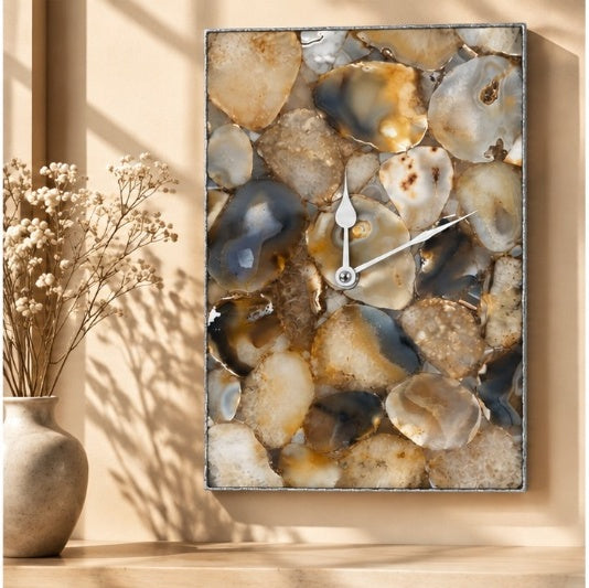 Large brown crystal agate rectangular wall clock in the silver finish