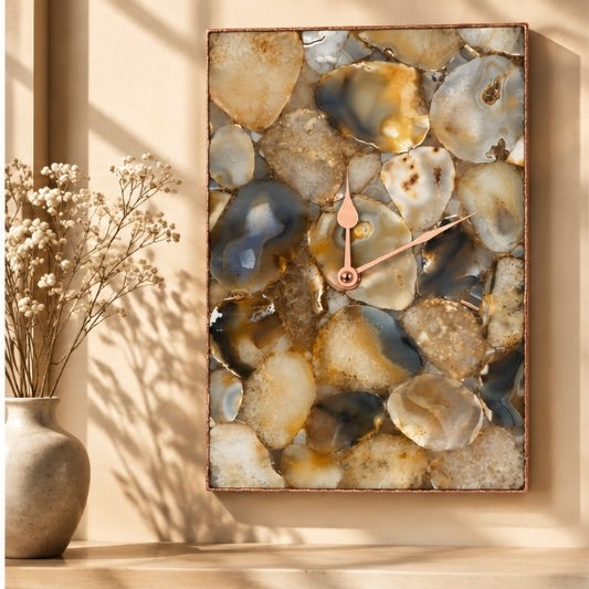 Large brown crystal agate rectangular wall clock in the rose gold finish