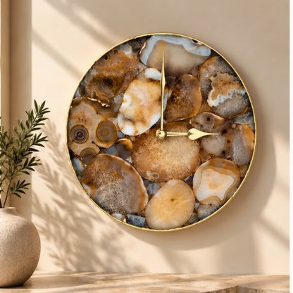Large brown agate circular wall clock in the gold finish