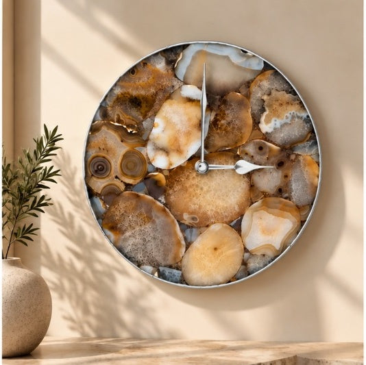 Large brown agate circular wall clock in the silver finish