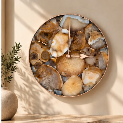Large brown agate circular wall clock in the rose gold finish