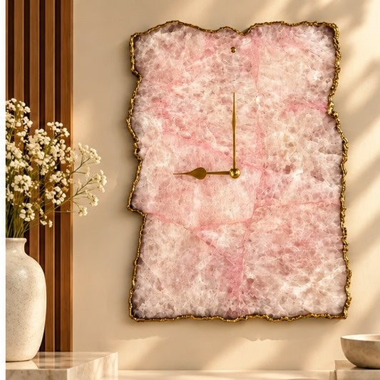 Large rose quartz agate wall clock in the gold finish