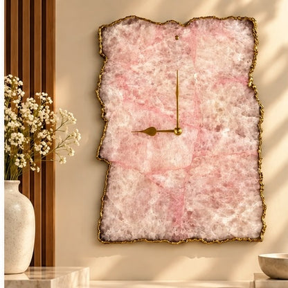 Large rose quartz agate wall clock in the gold finish