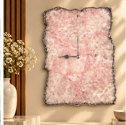Large rose quartz agate wall clock in the silver finish
