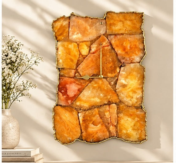 Large golden brown agate wall clock in the gold finish