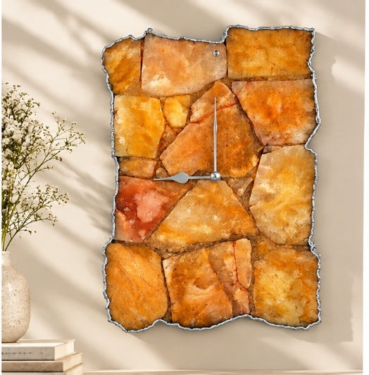 Large golden brown agate wall clock in the silver finish