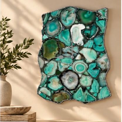Large green agate wall clock in the gold finish