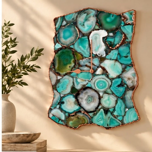 Large green agate wall clock in the rose gold finish