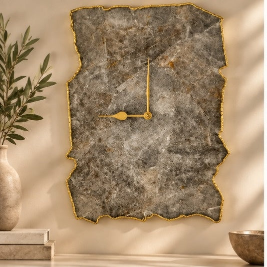 Large grey agate wall clock in the gold finish