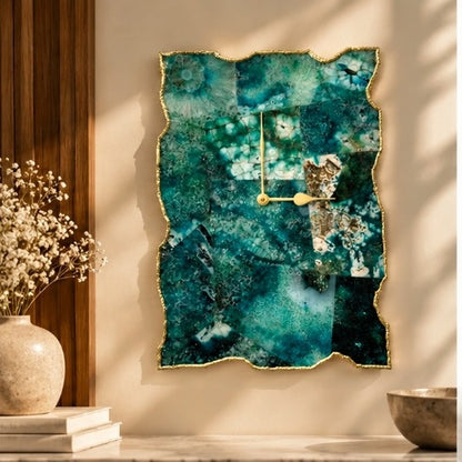 Large composite green agate wall clock in the gold finish
