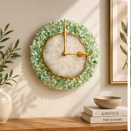 Light green crystal agate wall clock, white quartz face inside a pale green chipped stone rim