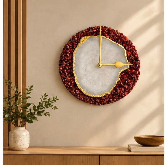 Burnt red crystal agate wall clock with gold hands