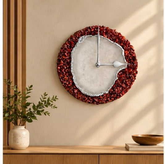 Burnt red crystal agate wall clock with silver hands