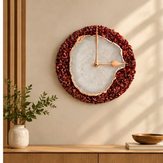 Burnt red crystal agate wall clock with rose gold hands