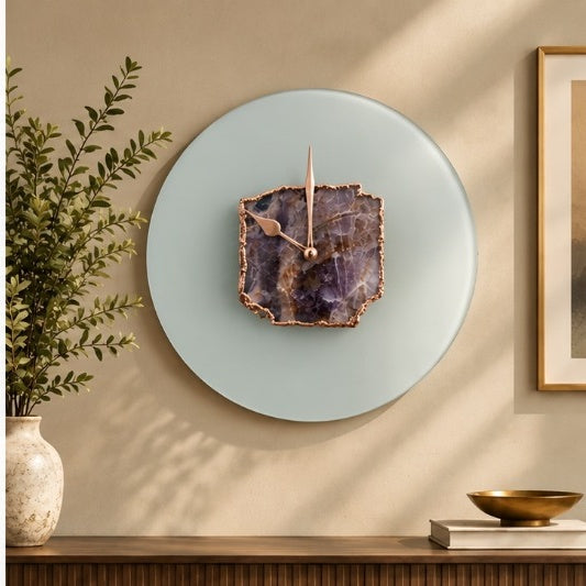 Frosted glass amethyst wall clock with rose gold hands and a rose gold edged slab
