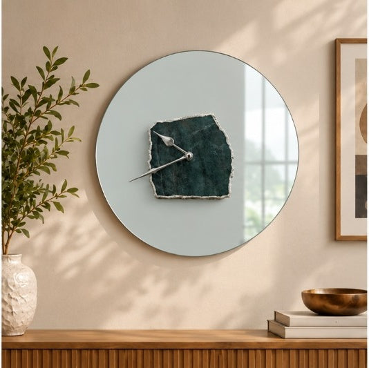 Frosted glass green aventurine wall clock with silver hands