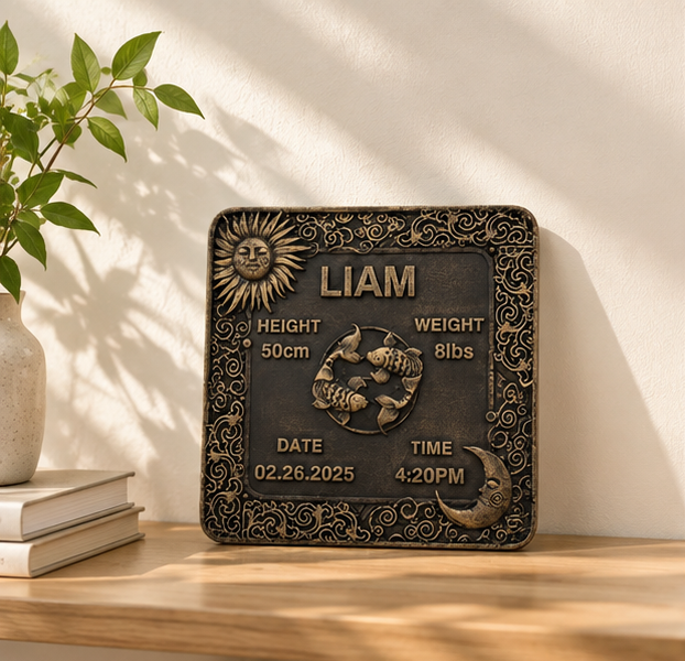 Personalised Baby Birth Tile – Brass Name & Star Sign