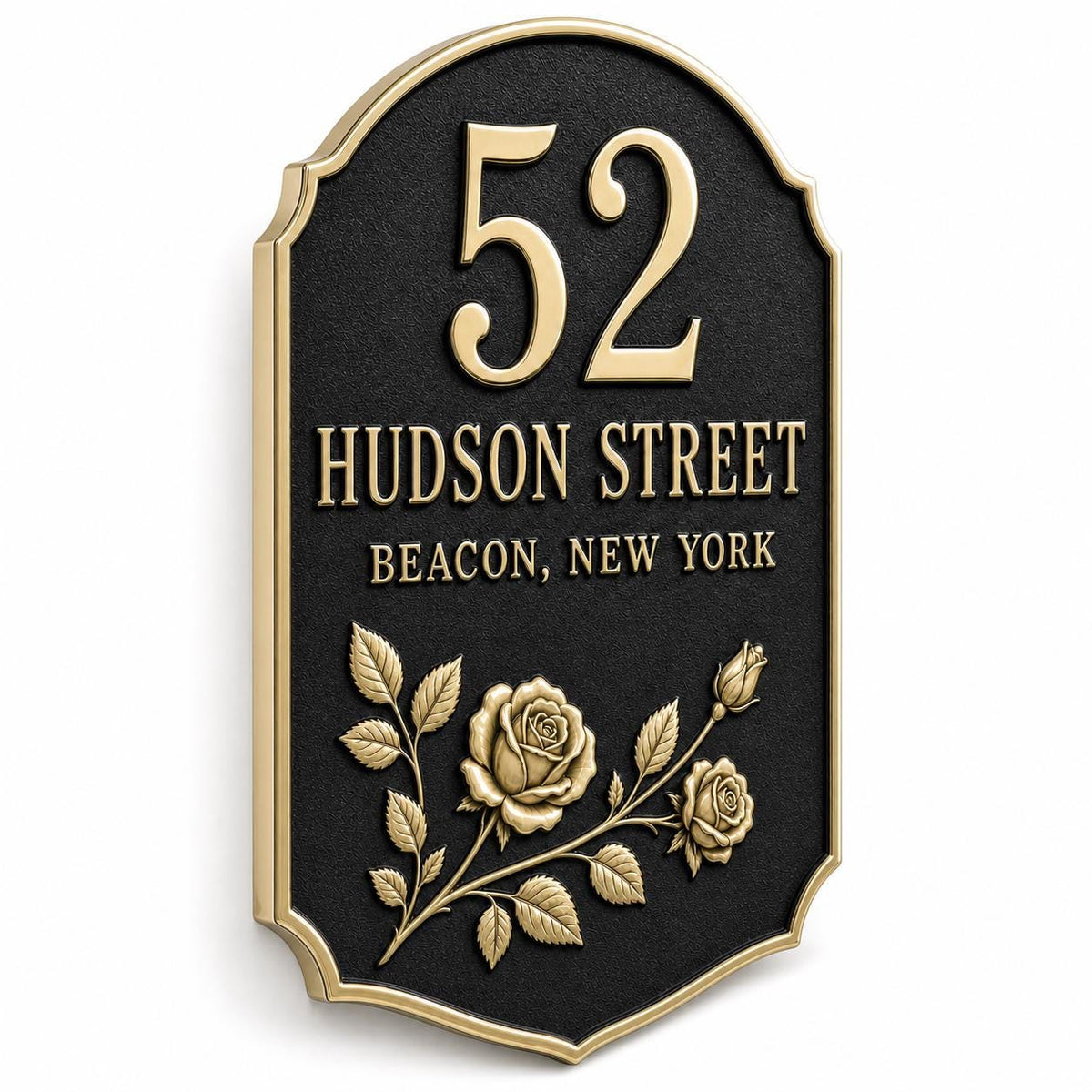 Angled Rose name plate showing the raised antique-brass roses and border