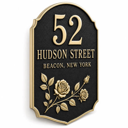 Angled Rose name plate showing the raised antique-brass roses and border