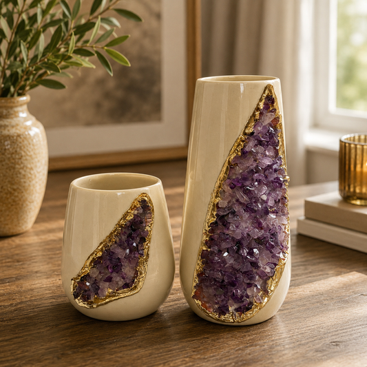 Cream Ceramic Teardrop Vase Set with Crystal Inlay