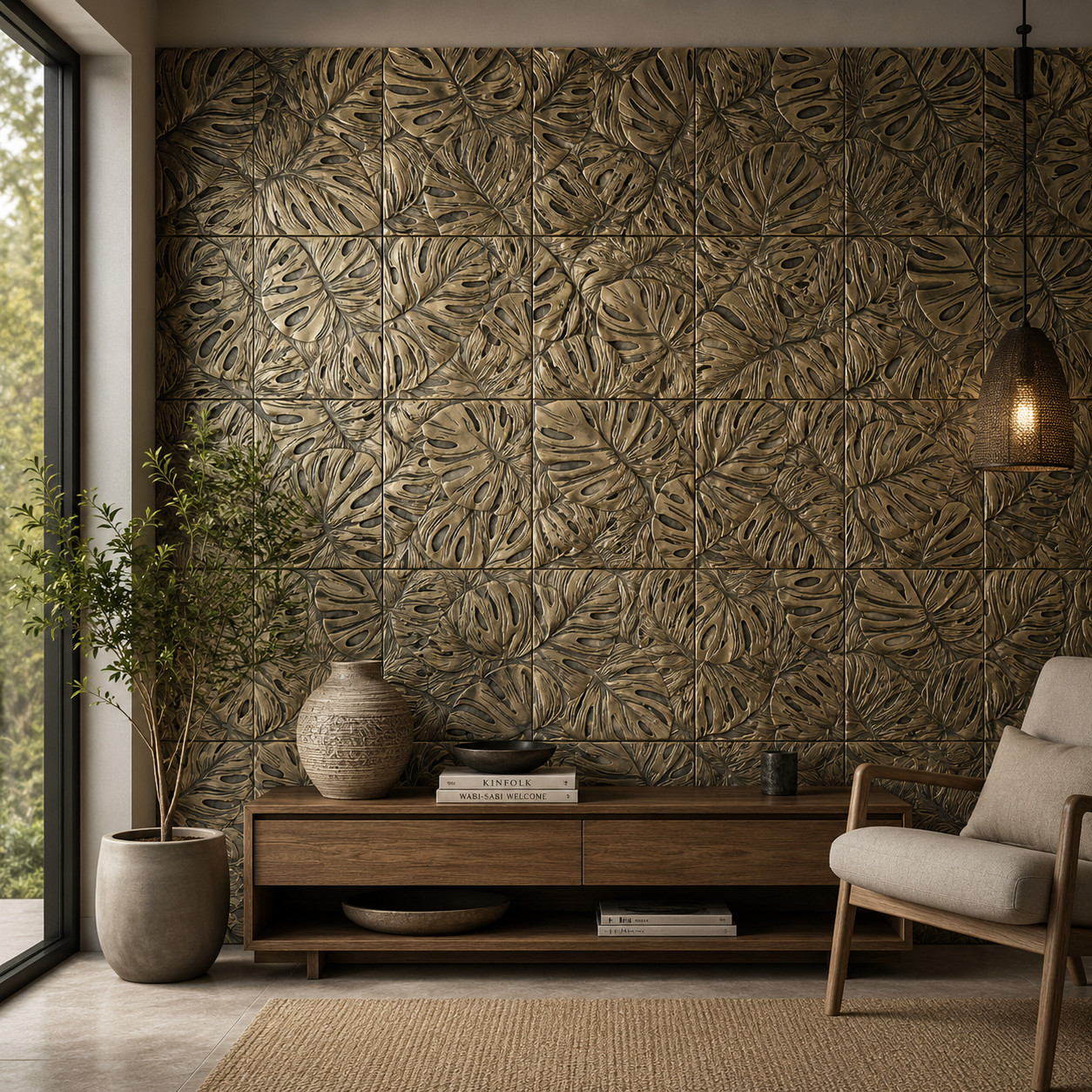 Tropical Leaf Brass Wall Tiles – Set of 4