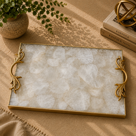 White Agate Rectangular Tray with Botanical Leaf brass handles – milky white mosaic agate, gold frame, India