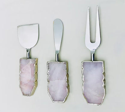 Rose Quartz Slab Cheese Board Set – top view, pink quartz slab handles