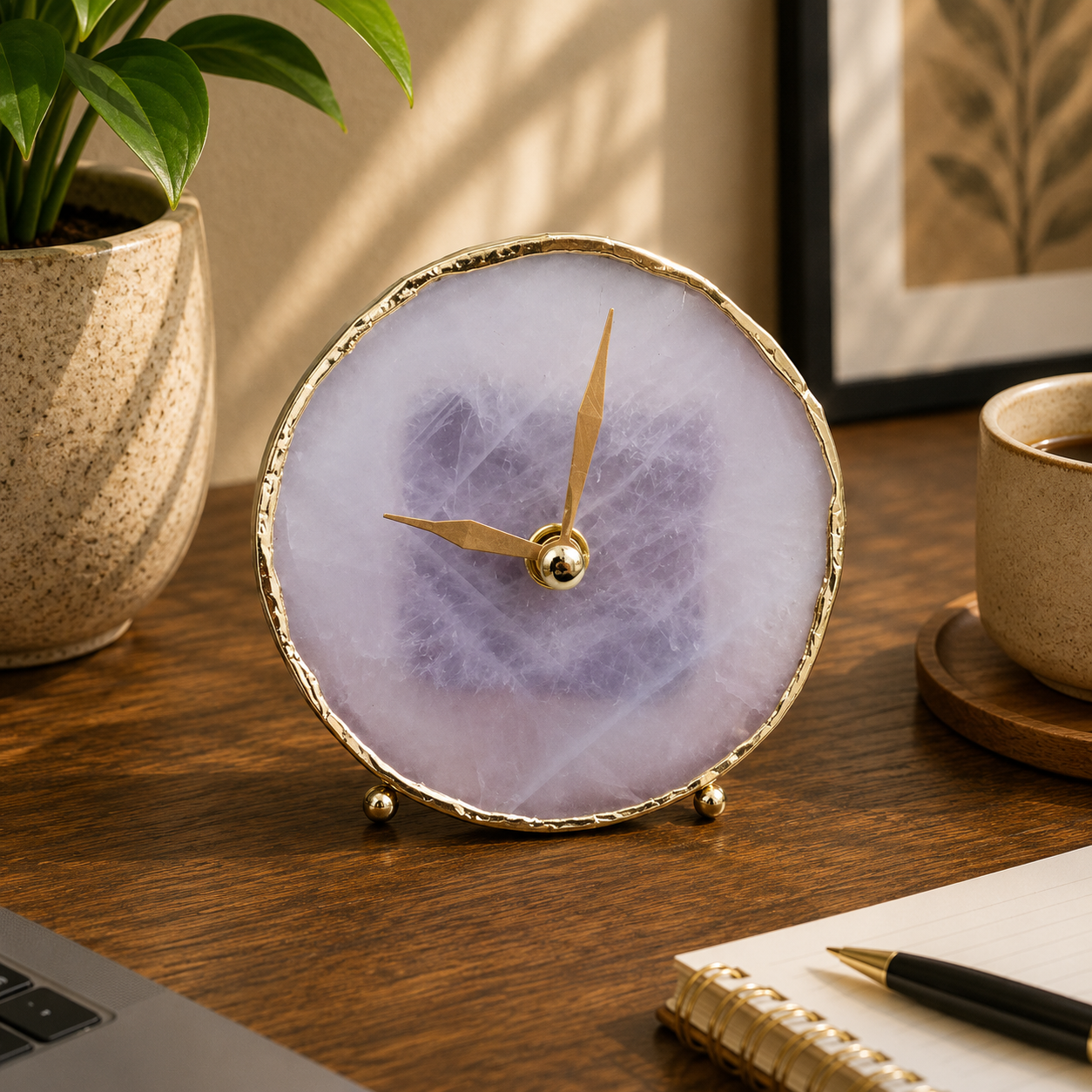 Round rose quartz agate desk clock with metal edge, India | The Tangerine Store