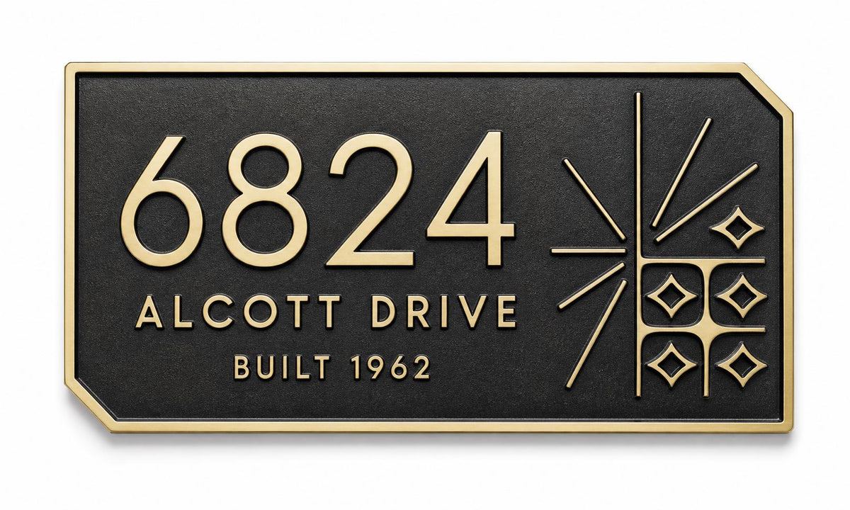 Front of the Mid-Century Modern plaque with number, name and separate year line