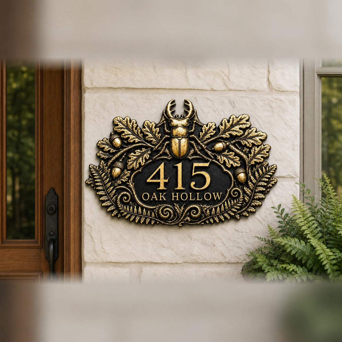 Stag Beetle and Oak plaque in antique brass, pictured beside a house entrance
